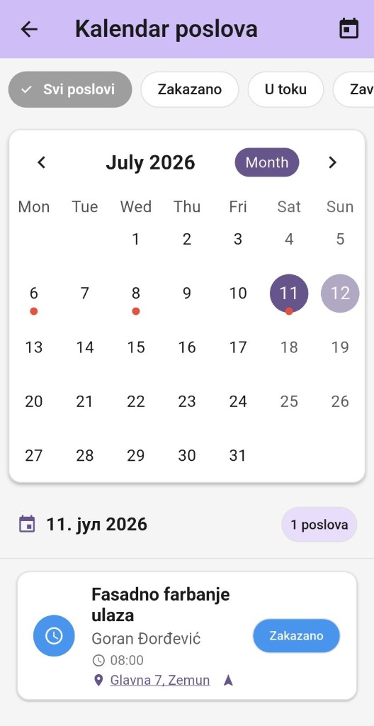 Kalendar poslova u Majstor Hub — juli 2026, status Zakazano, klijent, vreme i adresa