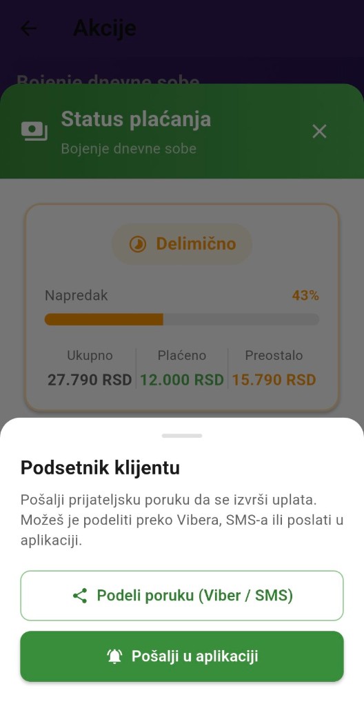 Status plaćanja u Majstor Hub sa opcijom Podeli poruku (Viber / SMS) i Pošalji u aplikaciji