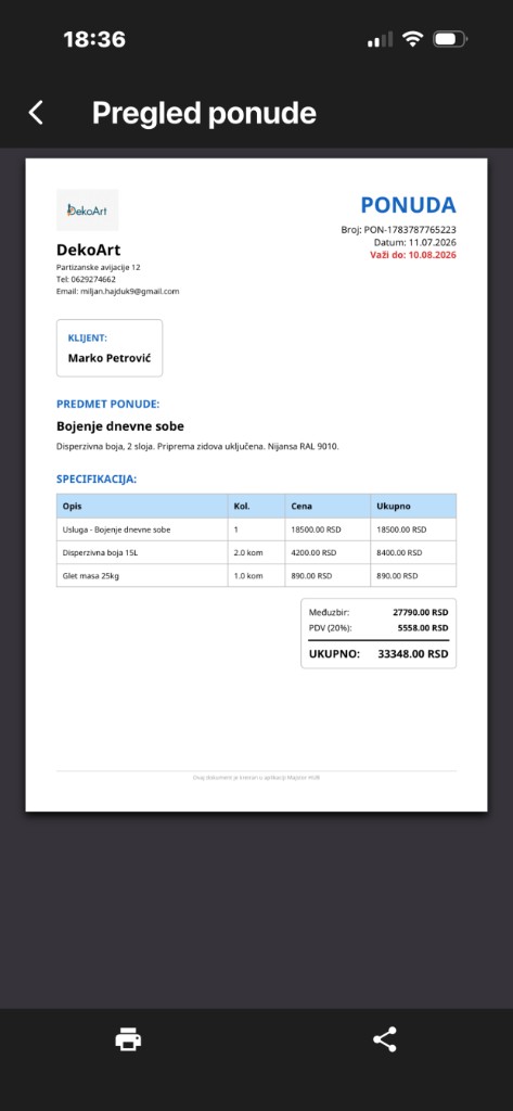 Pregled profesionalne PDF ponude u aplikaciji Majstor Hub — logo, klijent, specifikacija i ukupan iznos sa PDV-om
